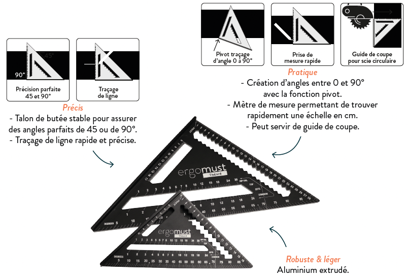 La Rapid Square 5 en 1 de ERGOMUST par THÉARD permet une prise de cote rapide et précise. Conçue en aluminium extrudé, la Rapid Square est légère, maniable et robuste. Son talon de butée assure des angles parfaits à 45 et à 90° et son orientation permet de créer rapidement des angles de 0 à 90°. Multi-usages, la Rapid Square peut aussi être utile comme traceur de ligne, mètre mesureur et guide de coupe. Se range facilement dans une caisse à outils.